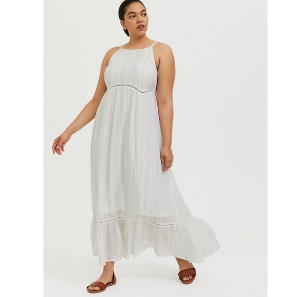 Torrid WHITE STRIPE GAUZE SHIRRED HEM MAXI DRESS - Picture 1 of 10